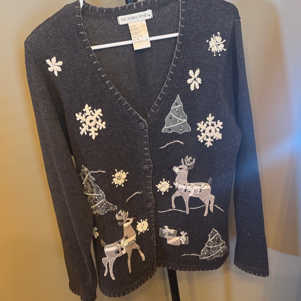 Victoria Jones Woman Charcoal Cardigan with Reindeer and Snowflakes